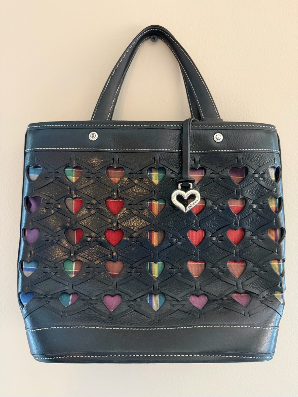 Brighton Black Leather Tote with Multicolor Heart Inlays and Silver Heart Charm